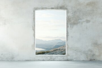 A tranquil space features a window showcasing stunning hills and valleys, creating a beautiful...