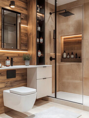 Modern minimalistic bathroom with a warm, inviting design.