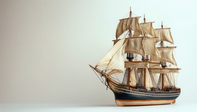 Detailed model of a classic three-masted ship displayed against a light background
