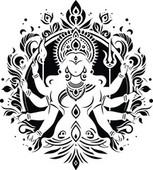 Black and White Illustration of Hindu Devi: Divine Feminine in Monochrome