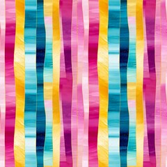 Abstract bright colorful seamless pattern with vertical stripes in blue, yellow and pink, purple or red colors, gold lines and gold glitter. Watercolor abstract art.
