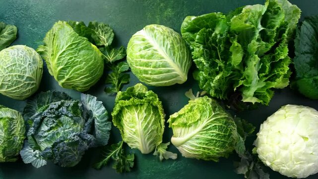 Various fresh raw fresh cabbage leaves isolated on a natural green background. Video