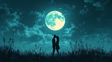 Couple embracing under a glowing moonlight in a serene landscape