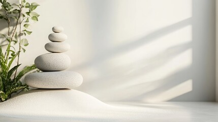 Minimalist Zen garden scene with balanced stones on white sand, symbolizing relaxation and meditation -
