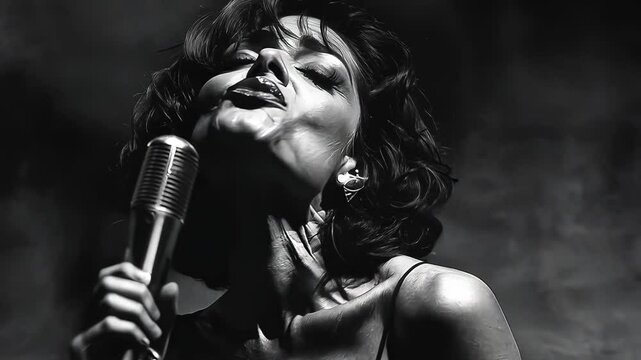 woman in a tight evening dress singer holding a microphone the classic style sketch engraving generative ai fictional character raster . Scratch board imitation. Black and white . Video