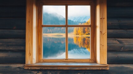 The wooden window overlooks a calm lake, mirroring colorful autumn trees and distant mountains,...