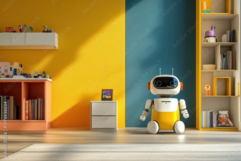 Poster Bright and inviting children's room where friendly robot helpers interact playfully with toys and books under vibrant colors. Generative AI