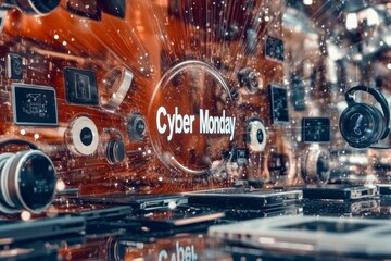 Fototapeta premium CYBER MONDAY logo. Dynamic banner showing Cyber Monday logo surrounded by various items like headphones, smartphones, shoes, handbags, televisions. Horizontal banner. Web. Screen. 