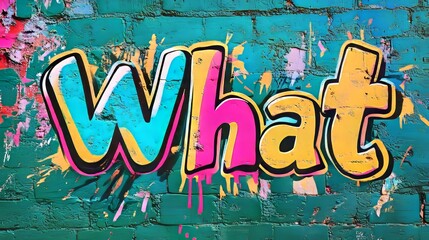 Pop art "What" text in bright colors on a textured green background.