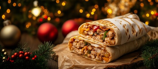 Two delicious shawarmas, cut in half, with a juicy filling of meat, vegetables and sauce. Shawarma lies on parchment paper, and Christmas decorations are visible in the background. Copy space.