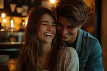 A candid photo of a couple laughing together in a cozy, warmly lit cafe, capturing a moment of happiness, connection, and affection
