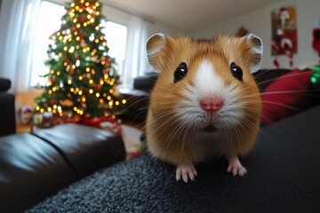 Adorable hamster portrait posing on sofa with christmas tree in background
