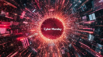 Obraz premium CYBER MONDAY logo. Dynamic banner showing Cyber Monday logo surrounded by various items like headphones, smartphones, shoes, handbags, televisions. Horizontal banner. Web. Screen. 