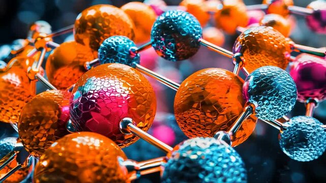 Zoomed-in view of vibrant molecular formations depicting complex anticodon structures on a laboratory surface. Video