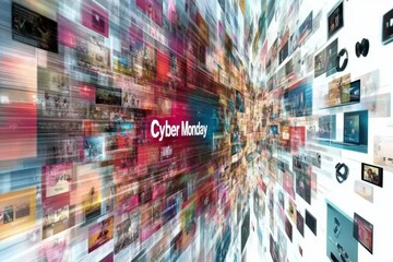 CYBER MONDAY logo. Dynamic banner showing Cyber Monday logo surrounded by various items like headphones, smartphones, shoes, handbags, televisions. Horizontal banner. Web. Screen. 