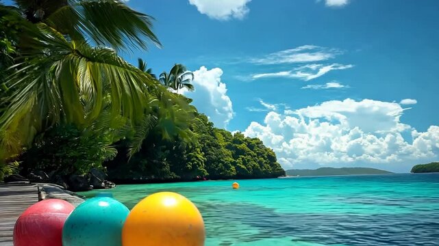 Sun faded colorful rubber buoy balls on a boat dock near a tropical island on a sunny day. Video