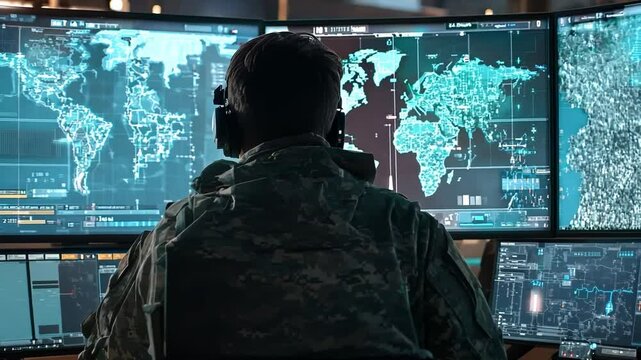 The agents coordinate surveillance activities and maintain security protocols in a modern operations center. The army base staff interpret real time data to ensure national security. Video