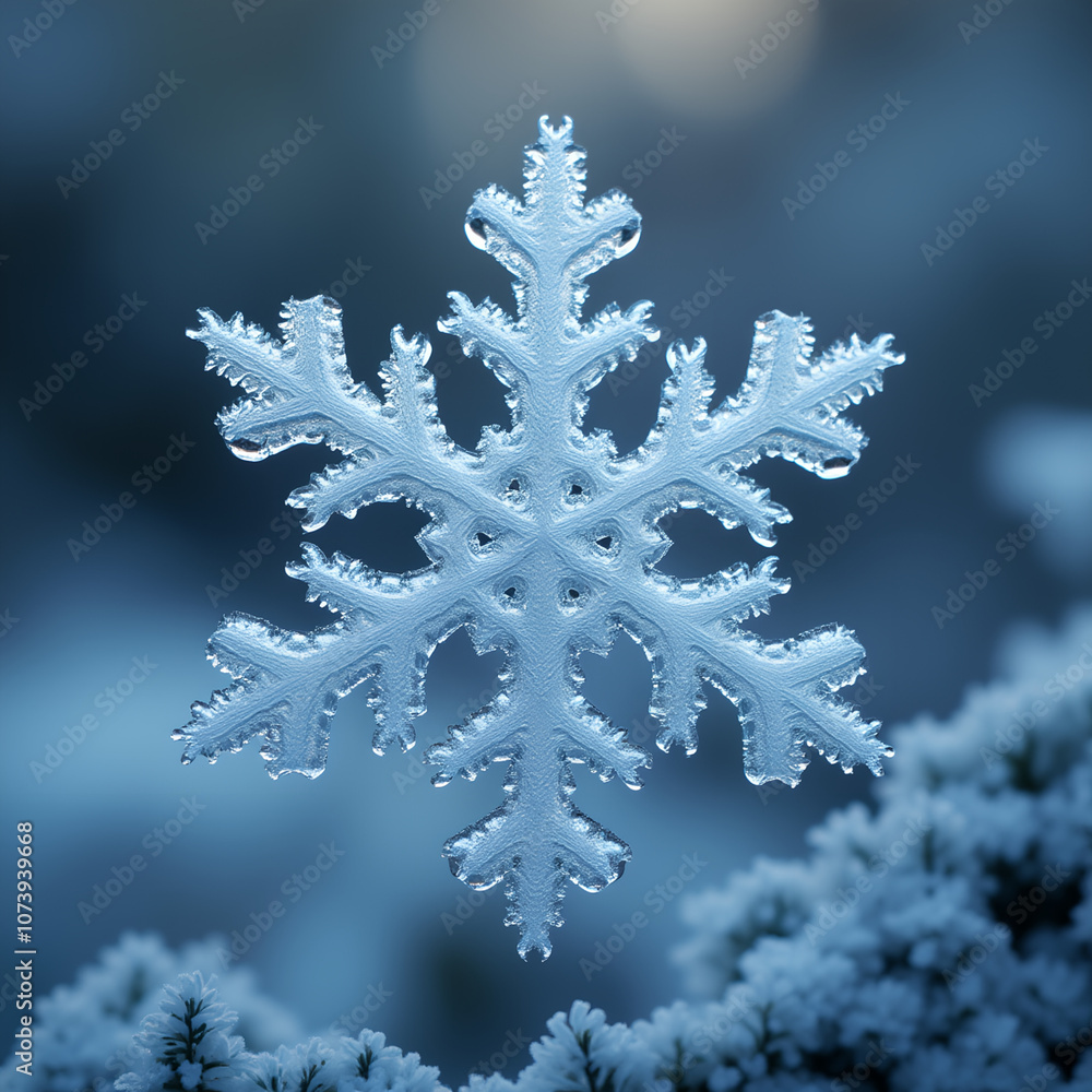 Aufkleber a delicate snowflake, intricate and unique, against a backdrop of falling snow.