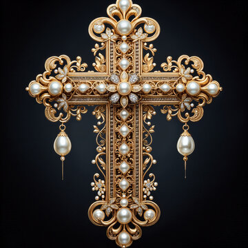 Religious Christian Cross in the form of a luxurious openwork jewelry made of gold, decorated with precious stones, diamonds and pearls. On a black background.