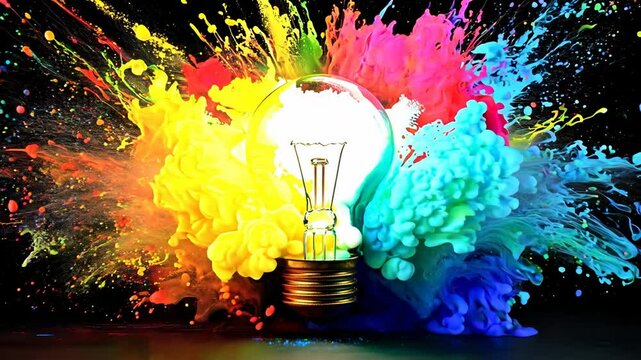 Creative light bulb explodes with colorful paint and splashes on a black background. Think differently creative idea concept Video