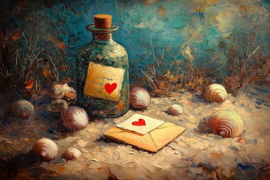 A textured oil painting of a vintage glass bottle with a love letter inside, sealed with a red heart. The bottle lies amidst seashells on a sandy background, evoking romance and nostalgia