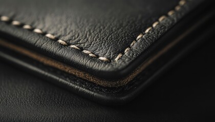 Close-up view of a black leather wallet showcasing detailed stitching and texture