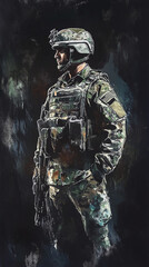 Fototapeta premium military soldier side view profile illustration army banner graphic design painting artistic artwork sergeant on black background war peace army member painting full body camouflage military uniform