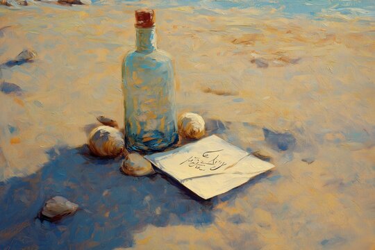 An oil painting depicting a message in a glass bottle on a sandy beach, surrounded by seashells. The scene evokes nostalgia and romantic longing, with soft sunlight casting gentle shadows