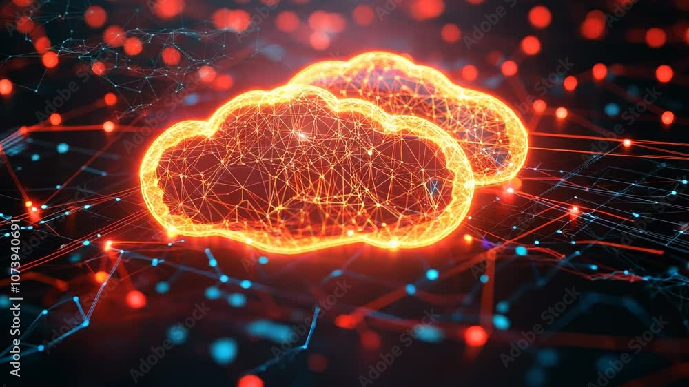 Poster red cloud icons connected by lines on a dark background, representing digital connectivity and cloud