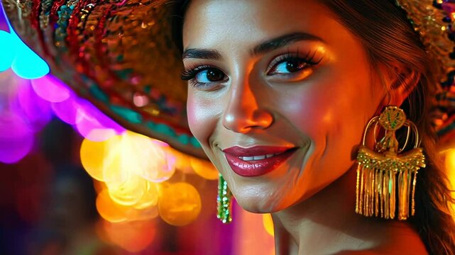 Model with sombrero and beautiful Cinco de Mayo dress dancing in neon light. Video
