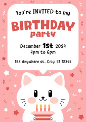 Birthday invitation. Birthday party invitation. Vector cute white cat birthday party invitation template for kids. Adorable birthday invite card.