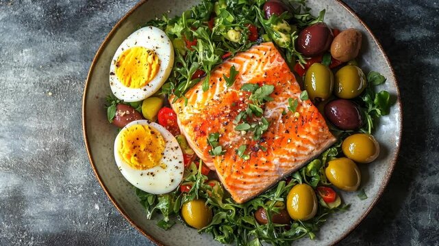 Top view of a healthy Mediterranean meal featuring salmon, eggs, and olives, rich in protein and omega 3 fat, ideal for a low carb, keto diet, copy space Video