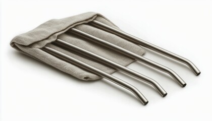 Reusable stainless steel straws packed in a cozy cloth pouch for eco-friendly use