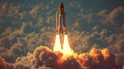 Retro Rocket Launch, Glowing Thrusters and Billowing Exhaust Against a Bold Gradient Sky