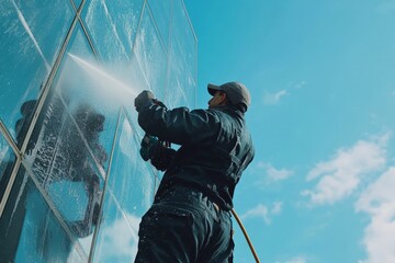 Fototapeta premium Man cleaning windows on the building. blue sky.