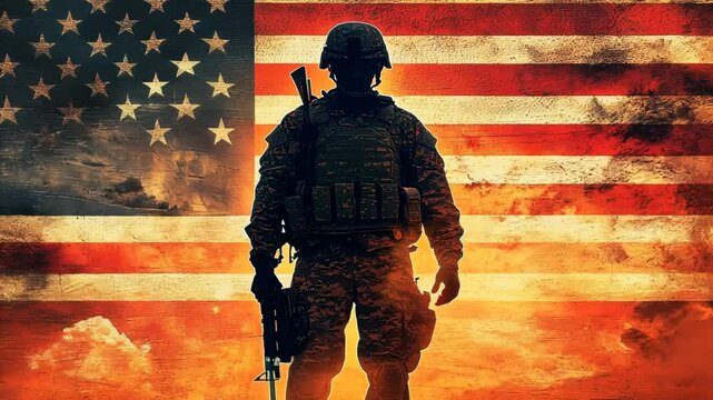 Silhouette of a soldier on the flag of the United States at sunset Video