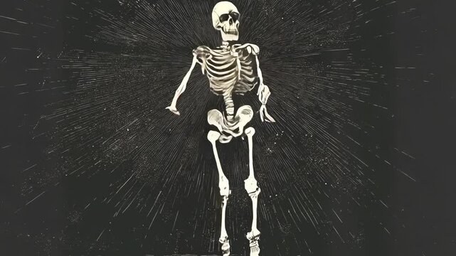 skeleton dancing, dance pose, exuding a fun and spooky vibe sketch engraving generative ai raster . Scratch board imitation. Black and white . Video