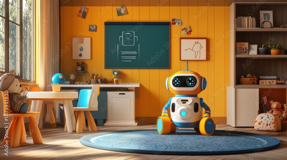 Poster bright and inviting, this children's room showcases friendly robot assistants interacting with playf