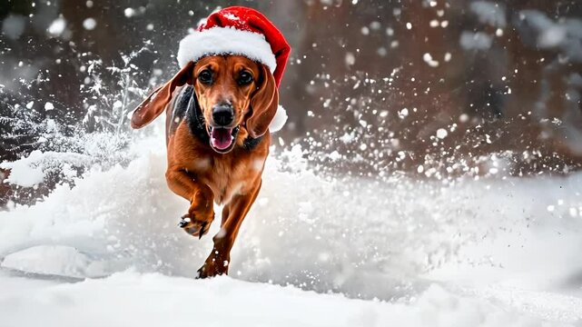 Cute dachshund dog with a Santa's hat running, jumping in the snow, daytime in the winter snow in the woods. Video