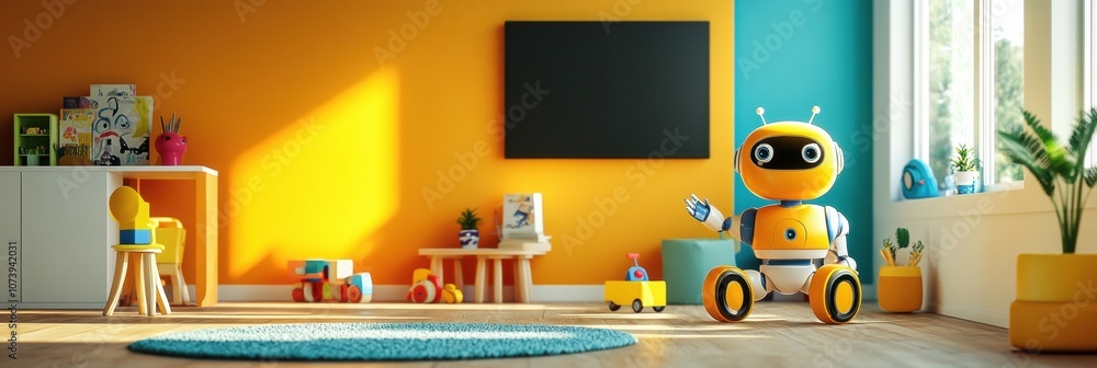 Aufkleber children play happily in a colorful room, assisted by friendly robots that encourage creativity and 