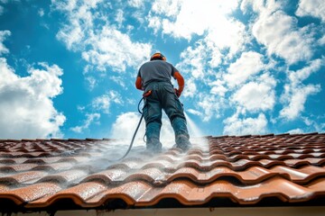 Man cleaning a weathered tile roof. Blue sky,