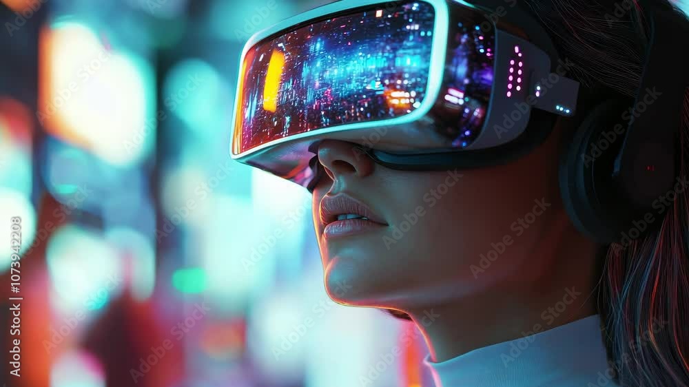 Poster create a futuristic scene featuring vr goggles immersed in a virtual world, with ai-generated animat