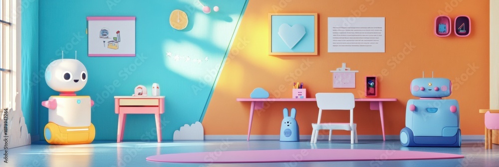 Poster a cheerful children's room filled with friendly robot assistants, bright colors, and playful furnish