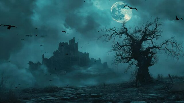 Graveyard cemetery to castle In Spooky scary dark Night full moon and bats on dead tree. Holiday event halloween banner background concept. Video