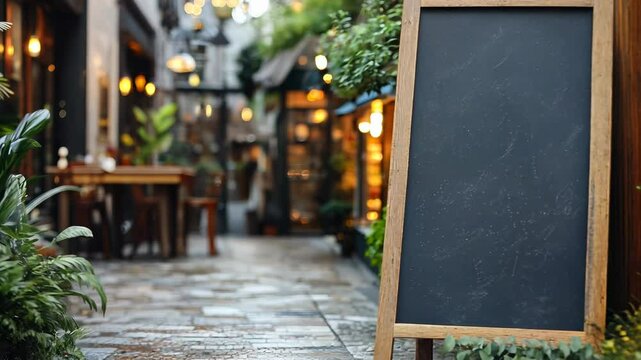The sign of a restaurant is a blank blackboard near the entrance. The menu of a cafe is displayed on the street. A mockup of a whiteboard sign outside a restaurant is seen on the left. Video