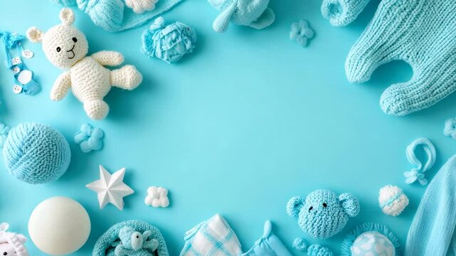 cute baby toys and clothes on blue background with copy space Video