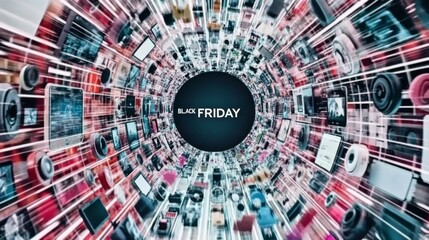 Obraz premium BLACK FRIDAY logo. Dynamic banner showing Black Friday logo surrounded by various items like headphones, smartphones, shoes, handbags, televisions. Horizontal banner. Web. Screen. 