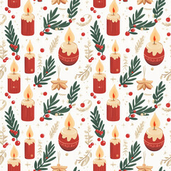 Seamless New Year and Christmas pattern. Colorful festive pattern with red candles, Christmas tree, decorations, red berries on a white background during the winter holidays