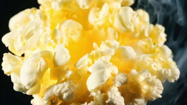 Single popcorn kernel exploding on black background