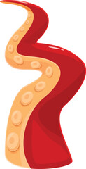 Wavy octopus tentacle reaching out, with distinct suckers, isolated on white background, in a cartoon style